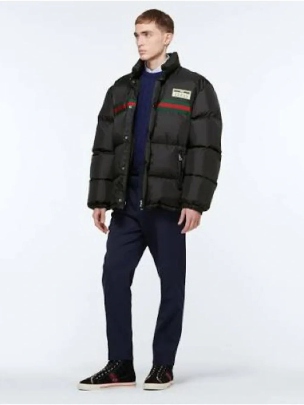 Gucci Black Puffer Jacket with Green and Red Web Stripe